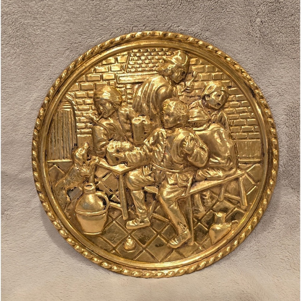 Vintage Embossed Brass Wall Plaque Tavern Scene with People & Dog